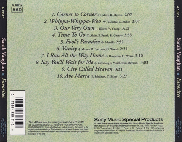 Sarah Vaughan : Favorites (CD, Comp, RE)