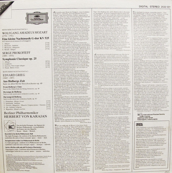 Wolfgang Amadeus Mozart, Edvard Grieg, Sergei Prokofiev, Berliner Philharmoniker · Herbert von Karajan : Eine Kleine Nachtmusik · Holberg-Suite · Symphonie Classique (LP, Club)