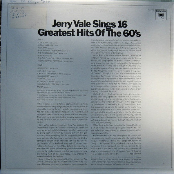 Jerry Vale : Sings 16 Greatest Hits Of The 60's (LP, Comp, SAN)