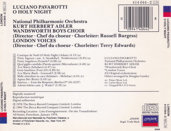 Luciano Pavarotti, Kurt Herbert Adler, National Philharmonic* : O Holy Night (CD, Album, RE)