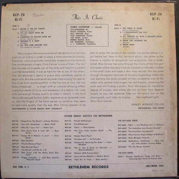 Chris Connor : This Is Chris (LP, Album, Mono)