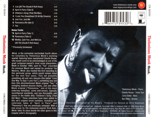 Thelonious Monk : Monk. (CD, Album, RE)