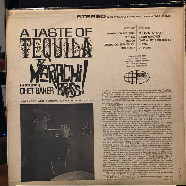 The Mariachi Brass Featuring Chet Baker : A Taste Of Tequila (LP, Album, Ind)
