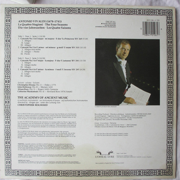 Vivaldi* - The Academy Of Ancient Music, Christopher Hogwood / Alison Bury · Catherine Mackintosh · Christopher Hirons · John Holloway : Le Quattro Stagioni = The Four Seasons = Die Vier Jahreszeiten = Les Quatre Saisons (LP, RE)