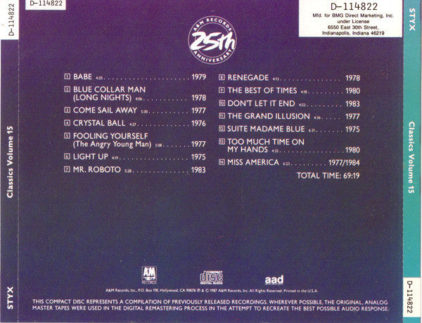 Styx : Classics Volume 15 (CD, Comp, Club, RE)