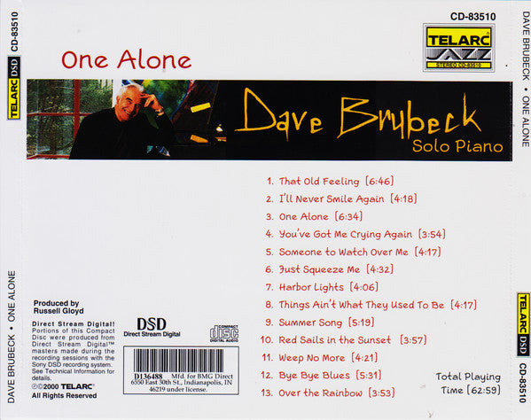 Dave Brubeck : One Alone: Solo Piano (CD, Album, Club)