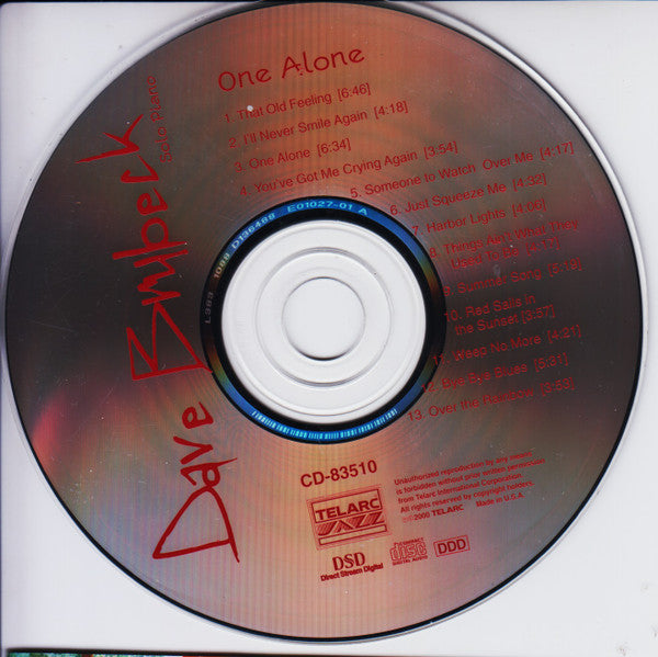 Dave Brubeck : One Alone: Solo Piano (CD, Album, Club)