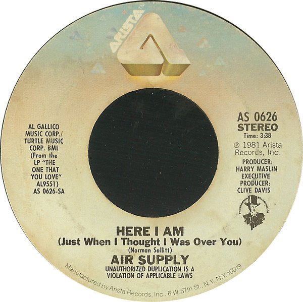 Air Supply : Here I Am (Just When I Thought I Was Over You) (7", Single, Pit)
