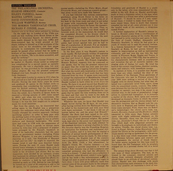 George Frederick Handel*, The Philadelphia Orchestra, Eugene Ormandy / The Mormon Tabernacle Choir*, Richard P. Condie : Messiah (2xLP, Album, RE, RM)
