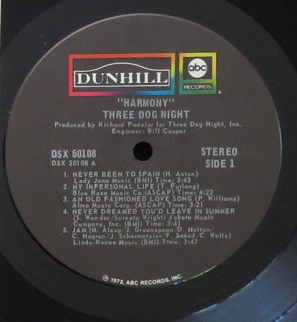 Three Dog Night : Harmony (LP, Album, RP, Pit)