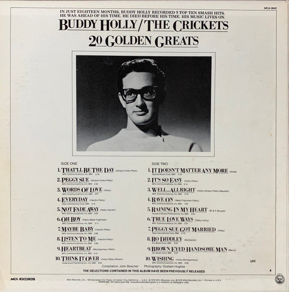 Buddy Holly / The Crickets (2) : 20 Golden Greats (LP, Comp, Club, RP, CRC)