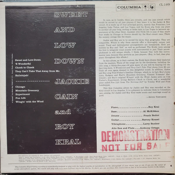Jackie Cain & Roy Kral* : Sweet And Lowdown (LP, Album, Promo)