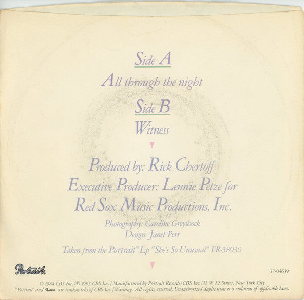 Cyndi Lauper : All Through The Night (7", Single, Car)