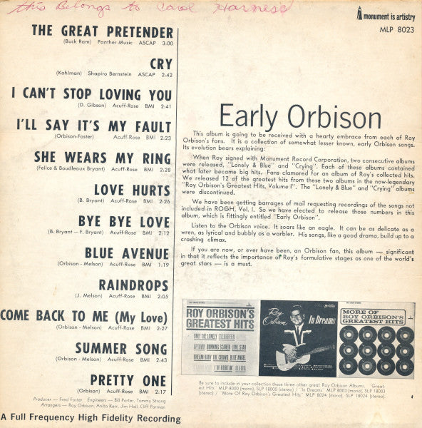 Roy Orbison : Early Orbison (LP, Album, Comp, Mono, Ter)