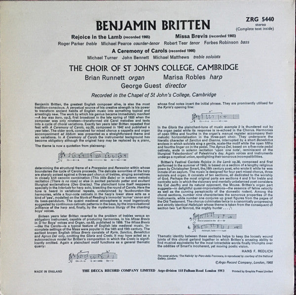 Benjamin Britten - The Choir Of St John's College Cambridge*, George Guest (2), Marisa Robles : Rejoice In The Lamb / Missa Brevis / A Ceremony Of Carols (LP, RE, Dut)