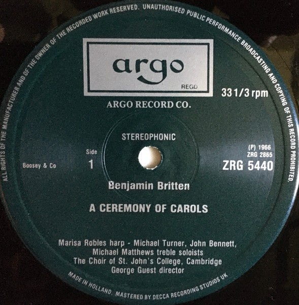 Benjamin Britten - The Choir Of St John's College Cambridge*, George Guest (2), Marisa Robles : Rejoice In The Lamb / Missa Brevis / A Ceremony Of Carols (LP, RE, Dut)