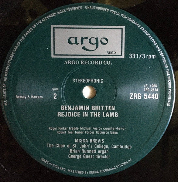 Benjamin Britten - The Choir Of St John's College Cambridge*, George Guest (2), Marisa Robles : Rejoice In The Lamb / Missa Brevis / A Ceremony Of Carols (LP, RE, Dut)