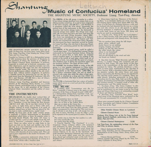 The Shantung Music Society : Shantung - Music Of Confucius' Homeland (LP)