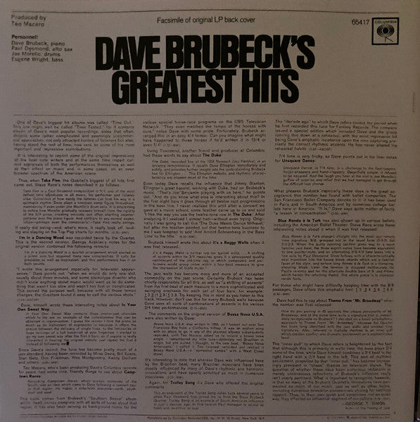 Dave Brubeck : Dave Brubeck's Greatest Hits (CD, Comp, RE)