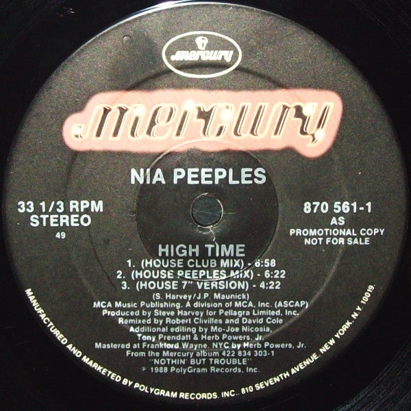 Nia Peeples : High Time (12", Single, Promo)