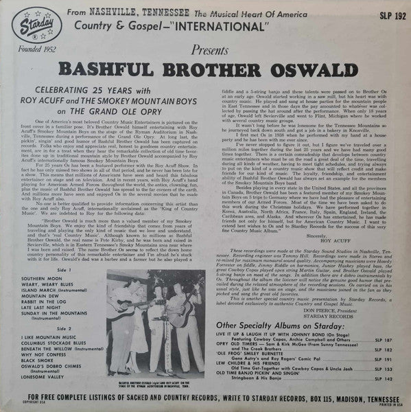 Bashful Brother Oswald : Celebrating 25 Years With Roy Acuff And The Smokey Mountain Boys On The Grand Ole Opry (LP, Album)