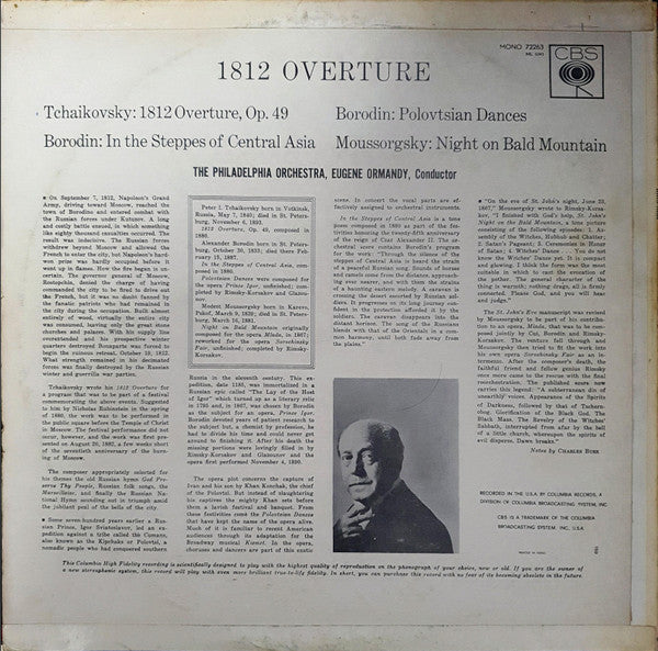 The Philadelphia Orchestra, Eugene Ormandy / Tchaikovsky*, Borodin*, Mussorgsky* : 1812 Overture (LP, Album, Mono)
