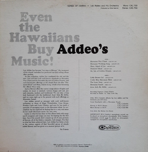 Leo Addeo And His Orchestra : Songs Of Hawaii (LP, Album, Mono, Rad)