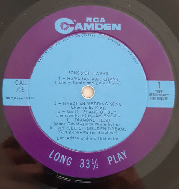 Leo Addeo And His Orchestra : Songs Of Hawaii (LP, Album, Mono, Rad)