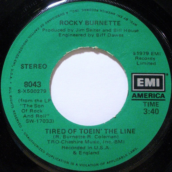 Rocky Burnette : Tired Of Toein' The Line / Boogie Down In Mobile, Alabama (7", Single, Win)