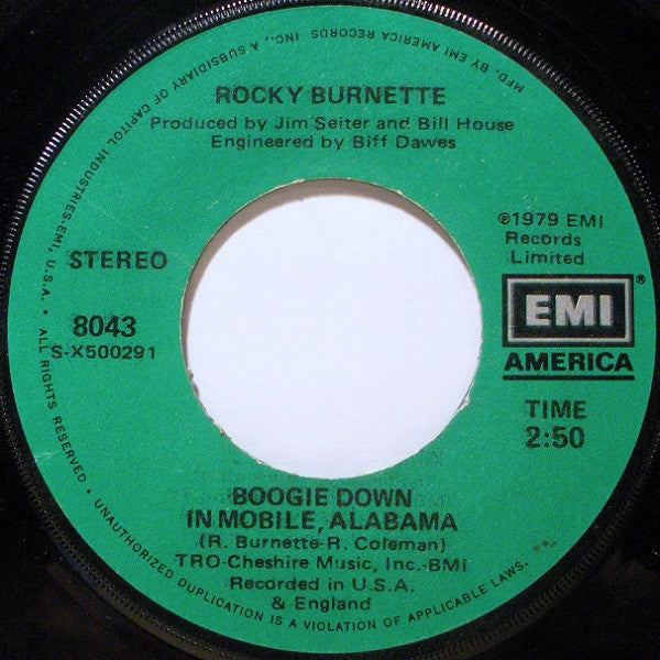 Rocky Burnette : Tired Of Toein' The Line / Boogie Down In Mobile, Alabama (7", Single, Win)