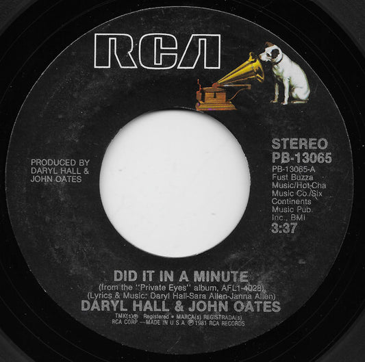 Daryl Hall & John Oates : Did It In A Minute (7", Styrene, Ind)