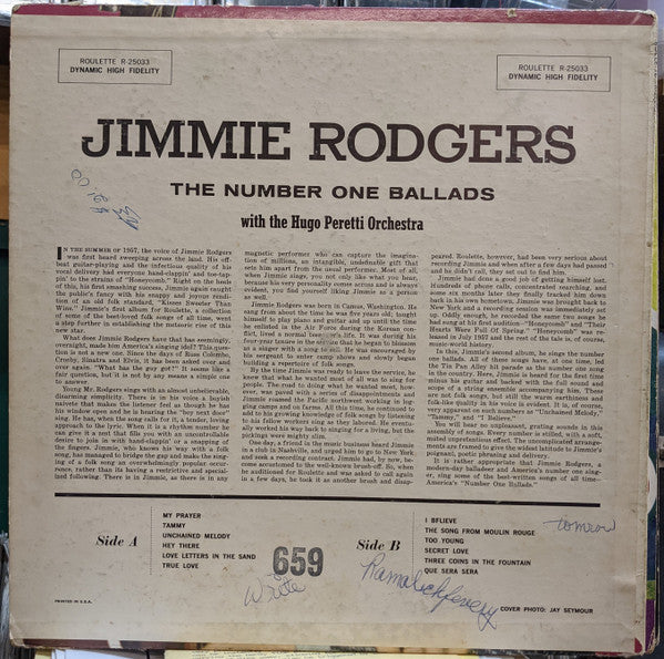 Jimmie Rodgers (2) : The Number One Ballads (LP, Album, Mono)