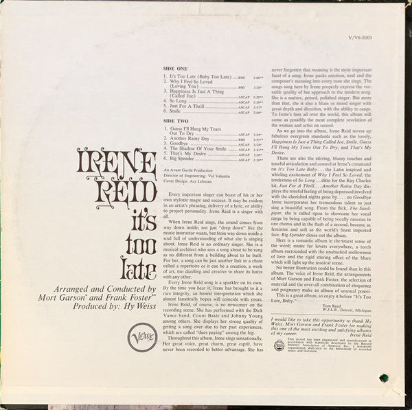 Irene Reid : It's Too Late (LP, Album, Mono, Dee)