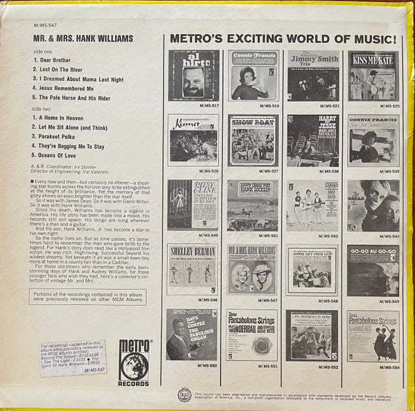Mr. & Mrs. Hank Williams* : Mr. & Mrs. Hank Williams (LP, Comp, Mono, MGM)