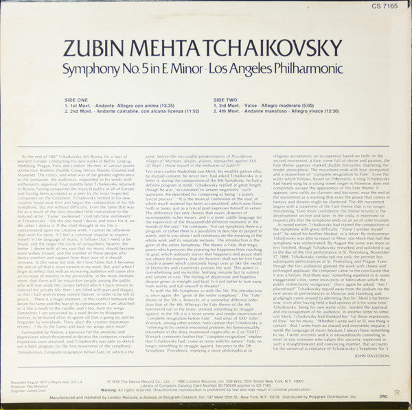 Tchaikovsky* - Zubin Mehta, Los Angeles Philharmonic* : Symphony No. 5 In E Minor (LP, Club)