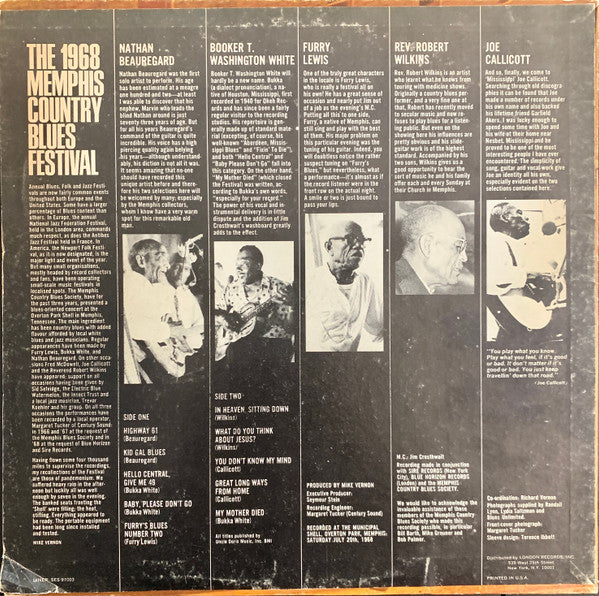 Bukka White / Nathan Beauregard / Joe Callicott / Furry Lewis / Rev. Robert Wilkins* : The 1968 Memphis Country Blues Festival (LP, Album, Pit)