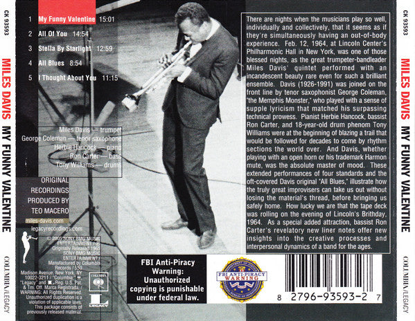 Miles Davis : My Funny Valentine - Miles Davis In Concert (CD, Album, RE, RM)
