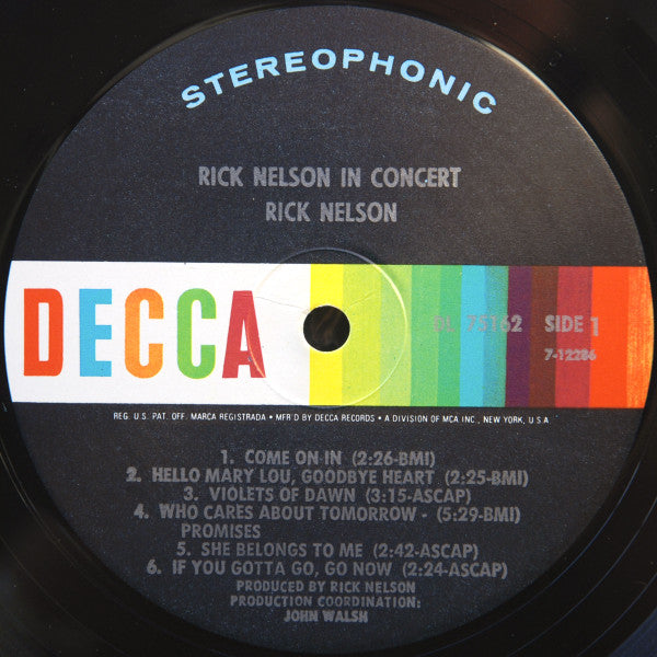 Rick Nelson* : Rick Nelson In Concert (LP, Album, Pin)