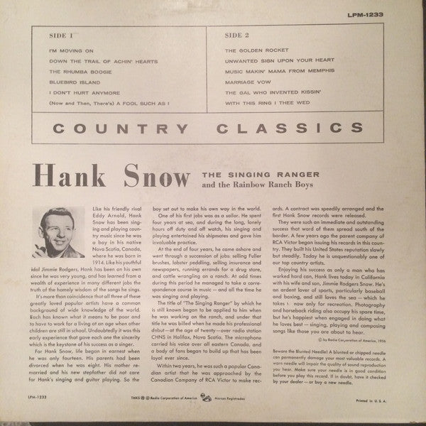 Hank Snow The Singing Ranger* And His Rainbow Ranch Boys* : Country Classics (LP, Album)