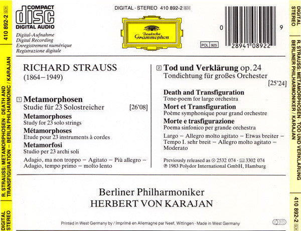 Richard Strauss • Herbert Von Karajan • Berliner Philharmoniker : Metamorphosen • Tod Und Verklärung (CD, RE, RP)