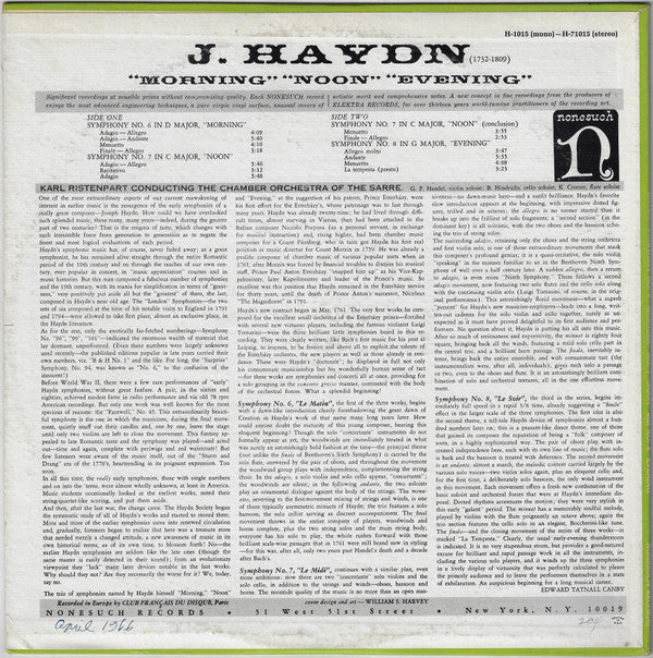 J. Haydn*, Karl Ristenpart Conducting The Chamber Orchestra Of The Sarre* : Symphony No. 6 "Morning" / Symphony No. 7 "Noon" / Symphony No. 8 "Evening" (LP)