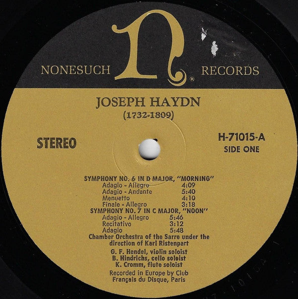 J. Haydn*, Karl Ristenpart Conducting The Chamber Orchestra Of The Sarre* : Symphony No. 6 "Morning" / Symphony No. 7 "Noon" / Symphony No. 8 "Evening" (LP)