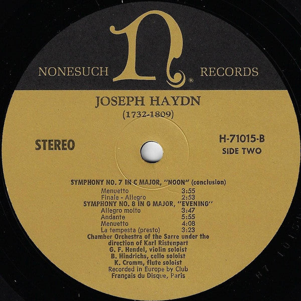 J. Haydn*, Karl Ristenpart Conducting The Chamber Orchestra Of The Sarre* : Symphony No. 6 "Morning" / Symphony No. 7 "Noon" / Symphony No. 8 "Evening" (LP)