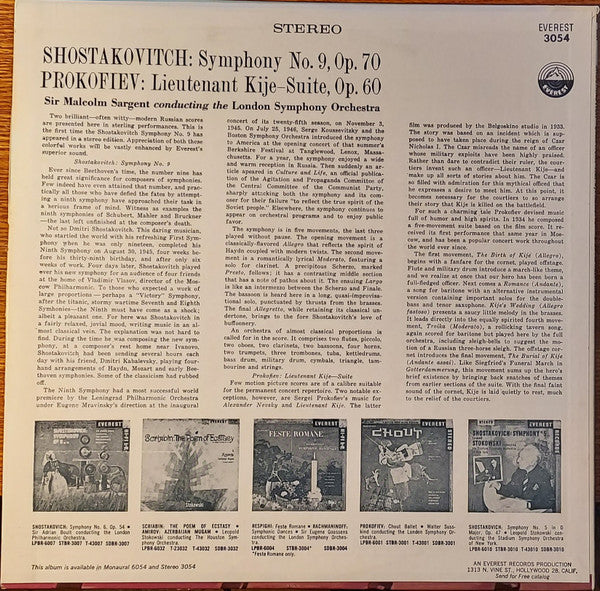 Shostakovich* / Prokofiev* - Sir Malcolm Sargent, London Symphony Orchestra : Symphony #9 / Lieutenant Kije Suite (LP, Album)