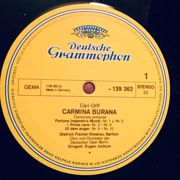 Carl Orff – Gundula Janowitz · Gerhard Stolze · Dietrich Fischer-Dieskau / Chor* und Orchester der Deutschen Oper Berlin* / Eugen Jochum : Carmina Burana (LP, Gat)