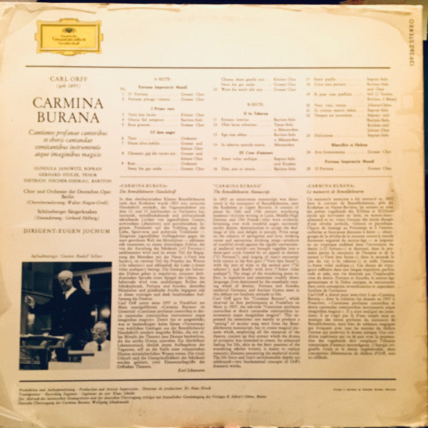 Carl Orff – Gundula Janowitz · Gerhard Stolze · Dietrich Fischer-Dieskau / Chor* und Orchester der Deutschen Oper Berlin* / Eugen Jochum : Carmina Burana (LP, Gat)
