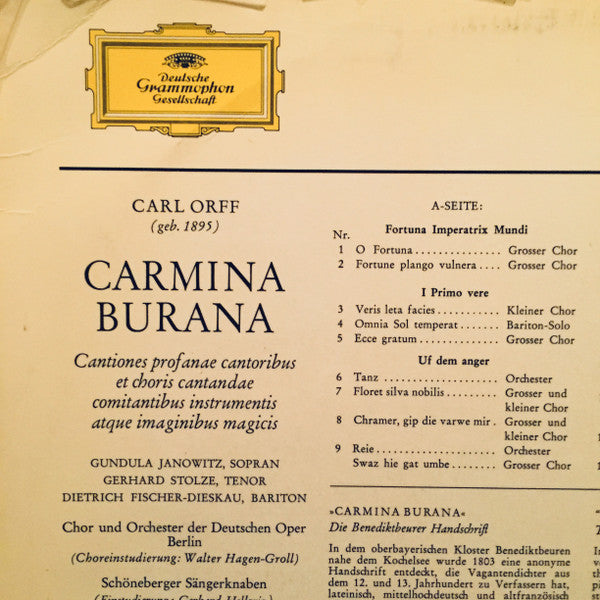 Carl Orff – Gundula Janowitz · Gerhard Stolze · Dietrich Fischer-Dieskau / Chor* und Orchester der Deutschen Oper Berlin* / Eugen Jochum : Carmina Burana (LP, Gat)