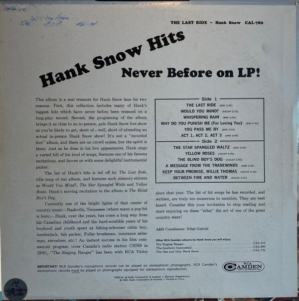 Hank Snow : The Last Ride (LP, Comp, Mono, Ind)