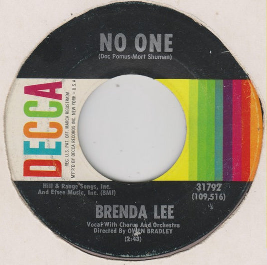 Brenda Lee : No One / Too Many Rivers (7", Pin)