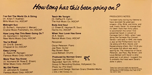 Sarah Vaughan : How Long Has This Been Going On? (CD, Album, Club, RE, CRC)